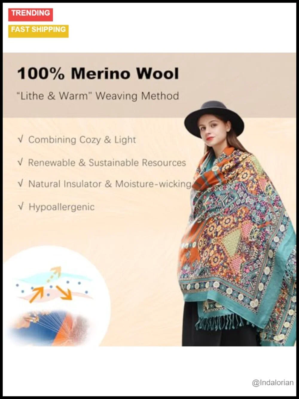 100% Merino Wool Pashmina Shawl Oversized Wrap with Tassels